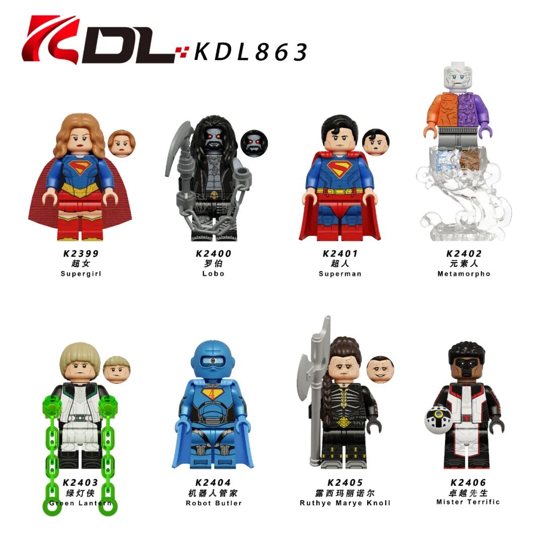 KDL863 set of eight third-party custom hero brick figures with capes, weapons and energy accessories