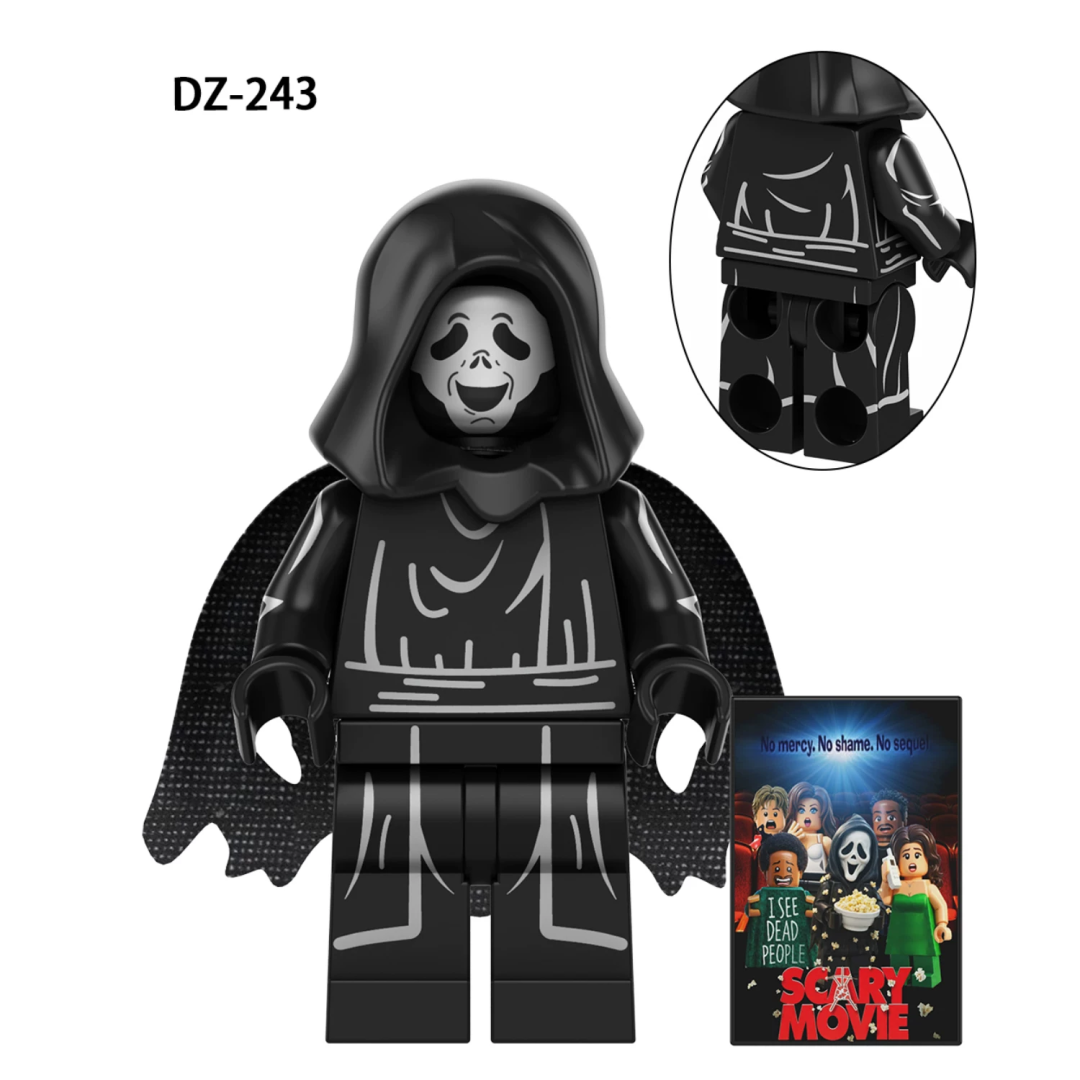 DZ-243 Smiling Ghostface Custom-Klemmbausteinfigur mit Kapuze, Stoffcape und Film-Zubehör