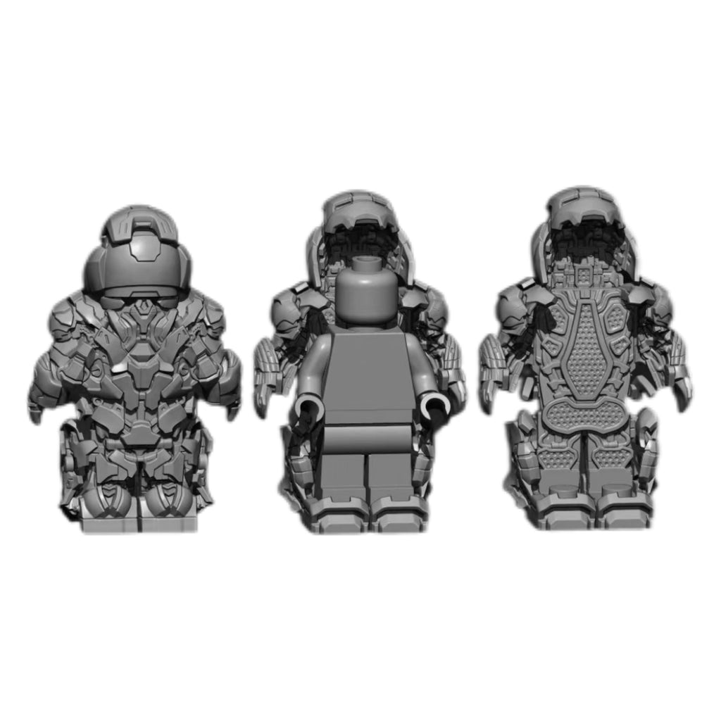 MK47 3D printed opening armor shell shown from front, open and back views; minifigure not included